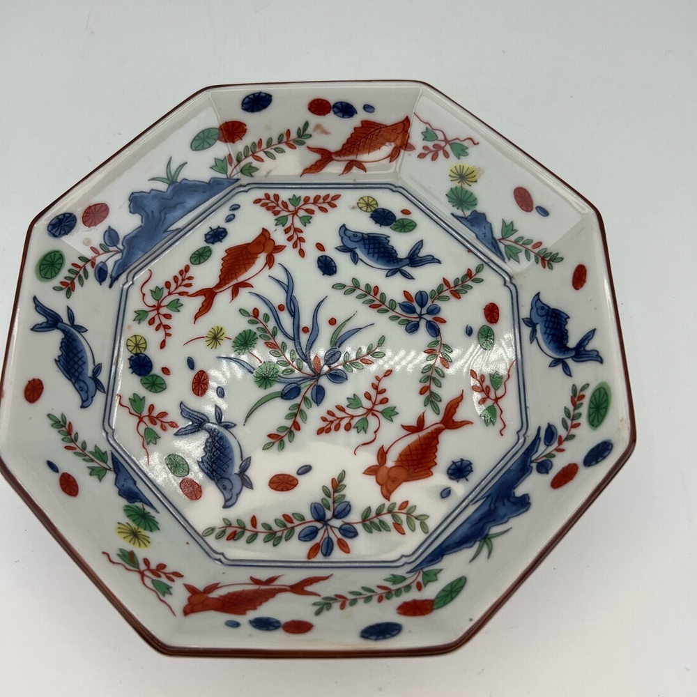 Andrea by Sadek Orange Blue Koi Fish Floral Bowl Trinket Mahjong Dice Dish